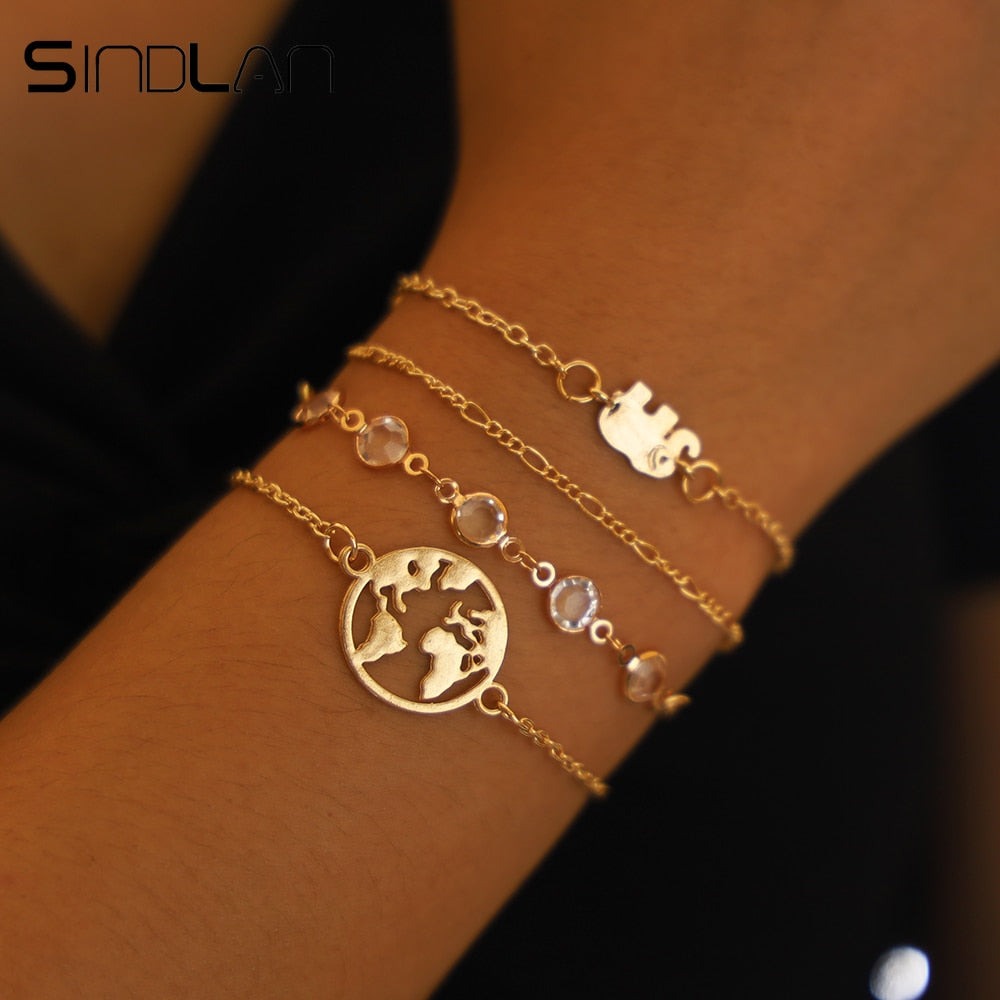 Sindlan 4PCs/set Map Elephant Charm Bracelets for Women Gold Crystal Wrist Chain Cool Fashion Hand Jewelry Female Bracelet